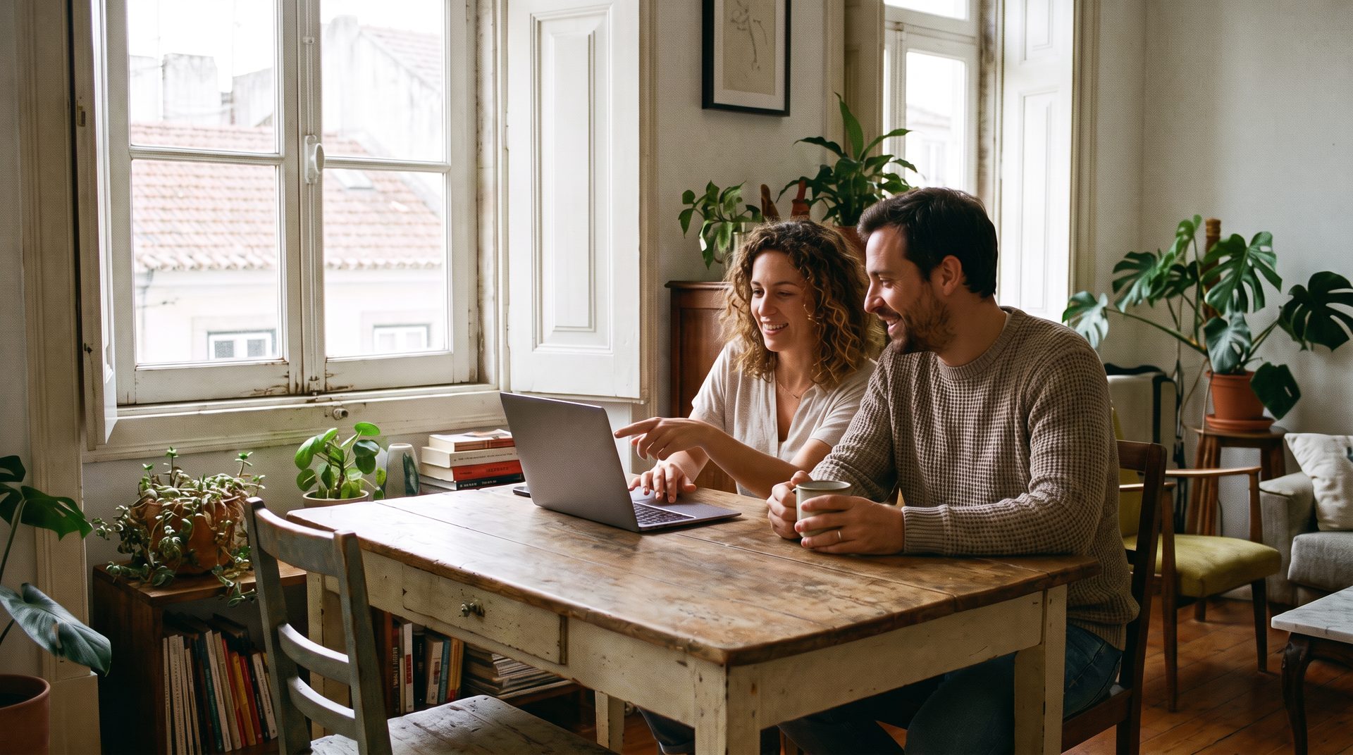 A couple reviewing documents together at a laptop in their home.