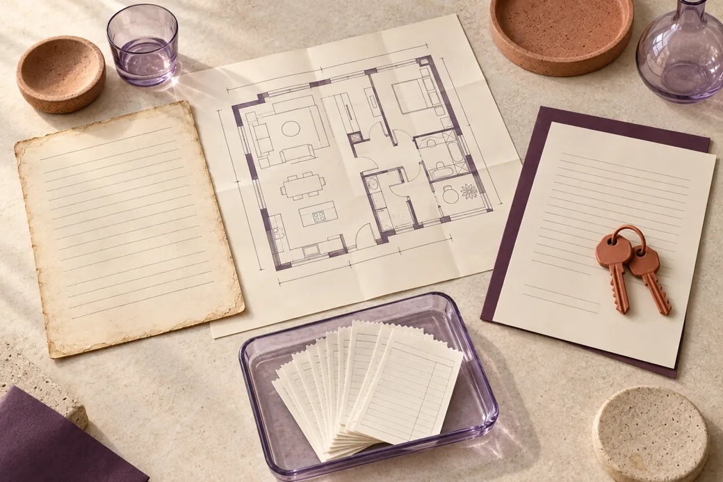 Acquisition and sale deeds beside a floor plan, keys and a separate expense-evidence tray.