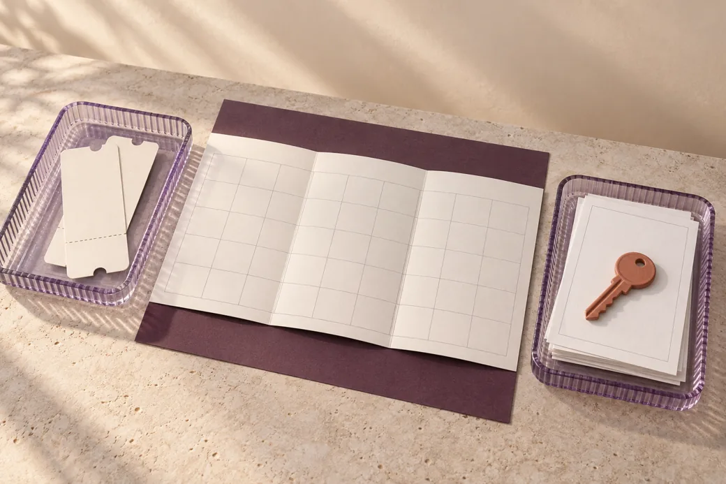 Travel records and home records in separate trays beside one calendar, representing two kinds of residency evidence.