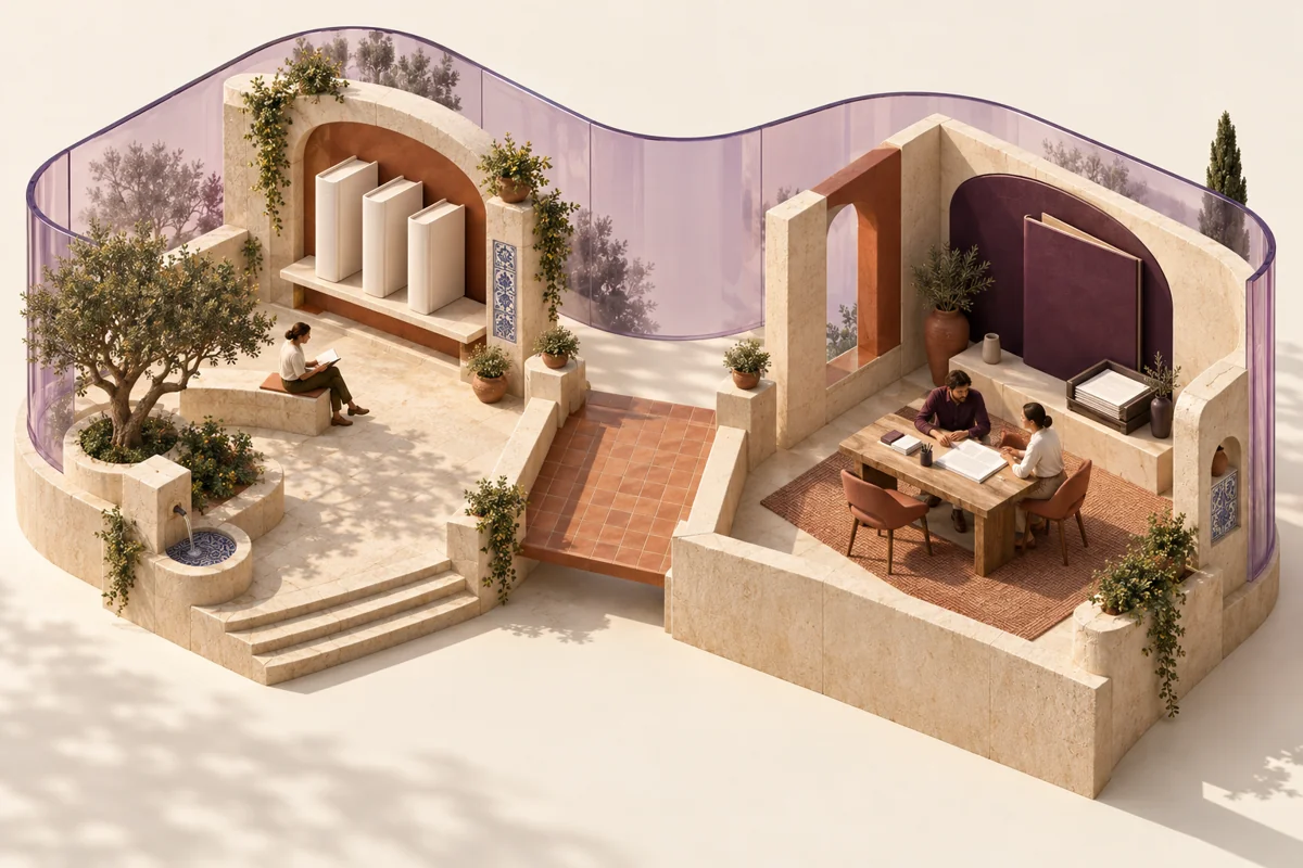 An open Portuguese reading courtyard connected to a calm review room.